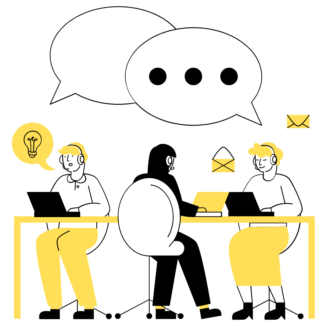 Ilustración de un equipo de atención al cliente colaborando en laptops, con iconos de mensajes y comunicación