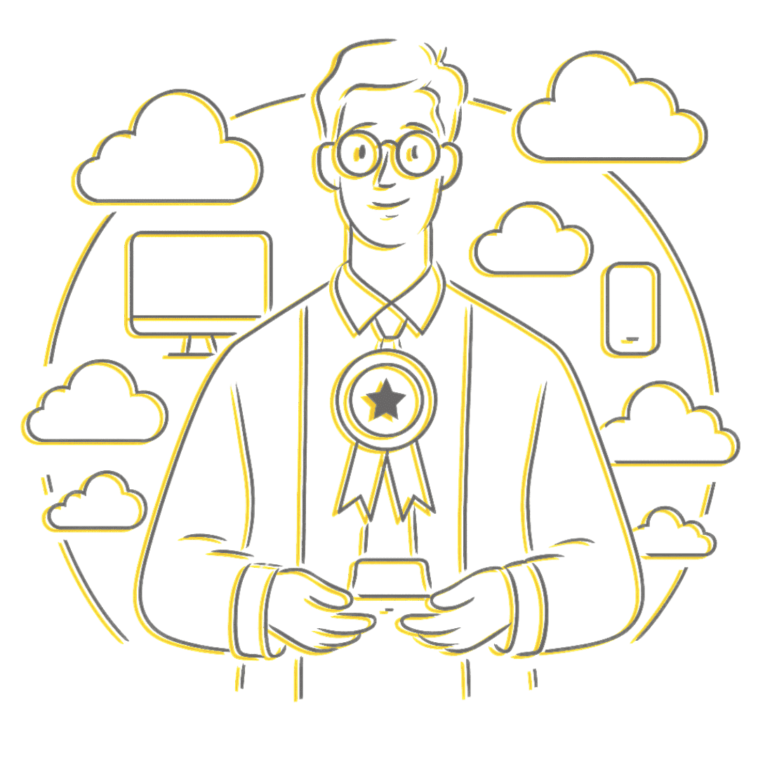 Ilustración de experto en cloud con medalla, rodeado de iconos de nube y dispositivos digitales