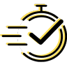 Icono de cronómetro con líneas de movimiento y check, representando rapidez, eficiencia y cumplimiento de tiempos.