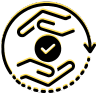 Icono de manos rodeando un check dentro de un ciclo, representando protección, fiabilidad y continuidad operativa en sistemas.